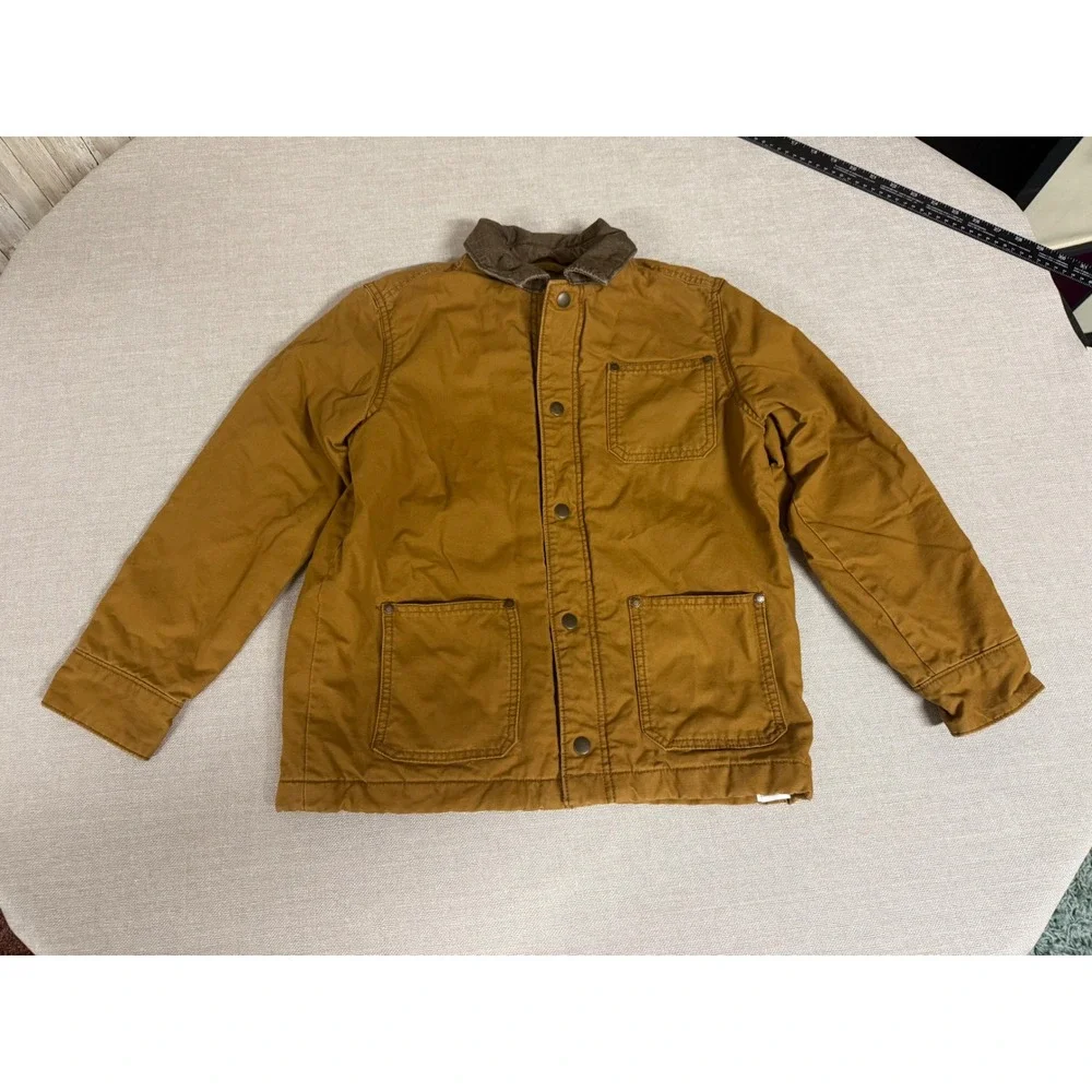 Old Navy Boys Brown Canvas Barn Jacket Corduroy Collar Plaid Lined Size L 10-12